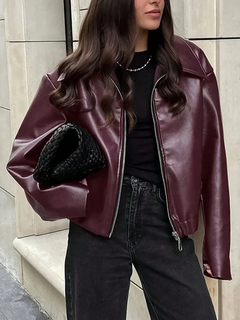 Burgundy Casual Women's Plus-Size Drop Shoulder Colorblock Biker Jacket - Picture 5 of 5